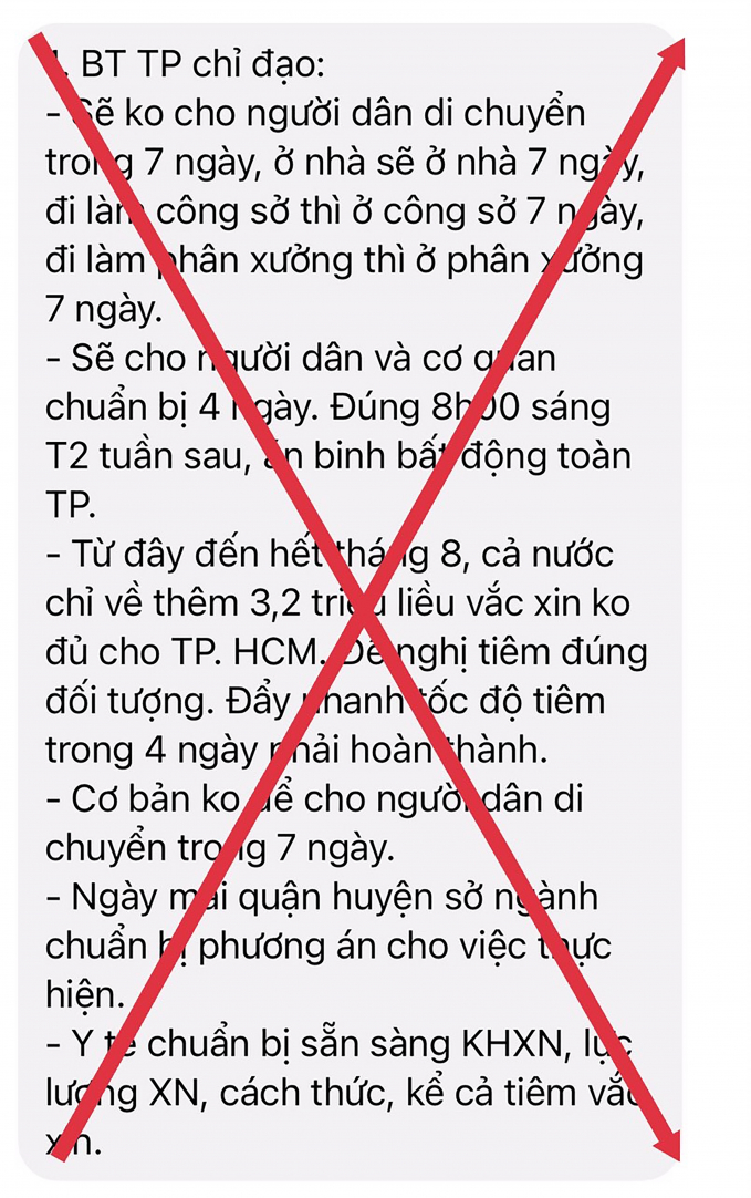 Theo Ban chỉ đạo phòng chống Covid-19 TP.HCM, thông tin trên được lan truyền trên mạng là giả mạo.