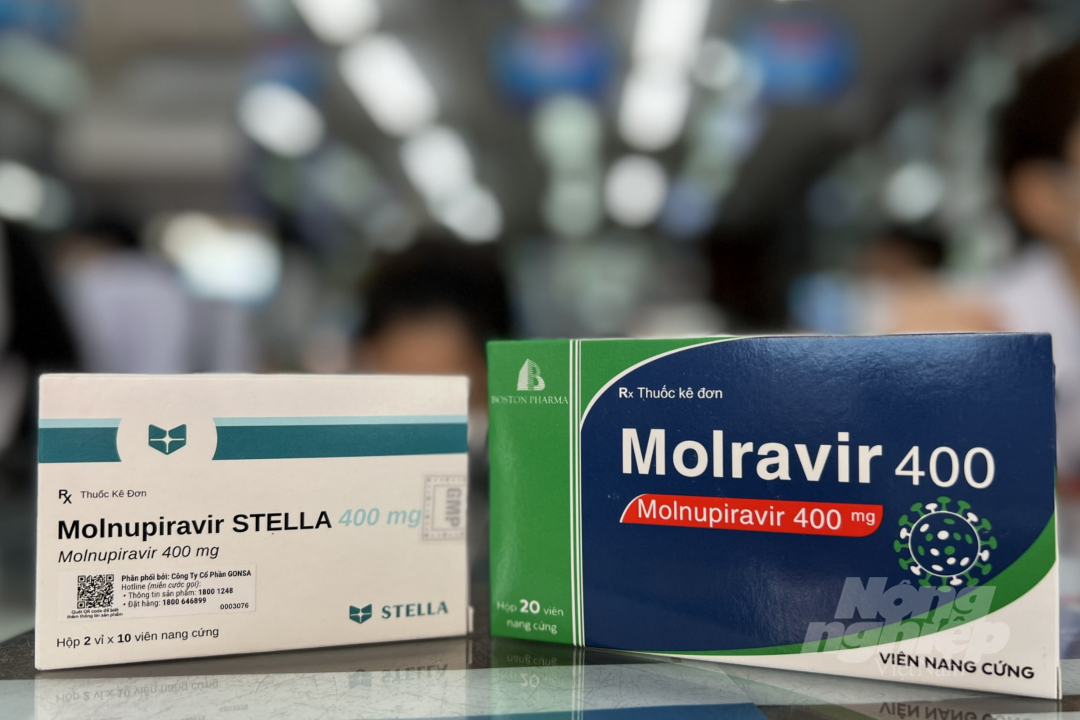 Hai loại thuốc trị Covid-19 có hoạt chất Molnupiravir do Việt Nam sản xuất đã có bán tại một số nhà thuốc lớn như Long Châu, Pharmacy với giá 250.000đồng/hộp. Ảnh: Nguyễn Thủy.