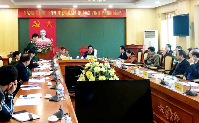 Cuộc họp ngày 18/2 về việc triển khai công tác tiếp nhận công dân Việt Nam tại các khu vực cách ly tập trung trên địa bàn tỉnh Thái Nguyên. Ảnh: Kiều Hải.