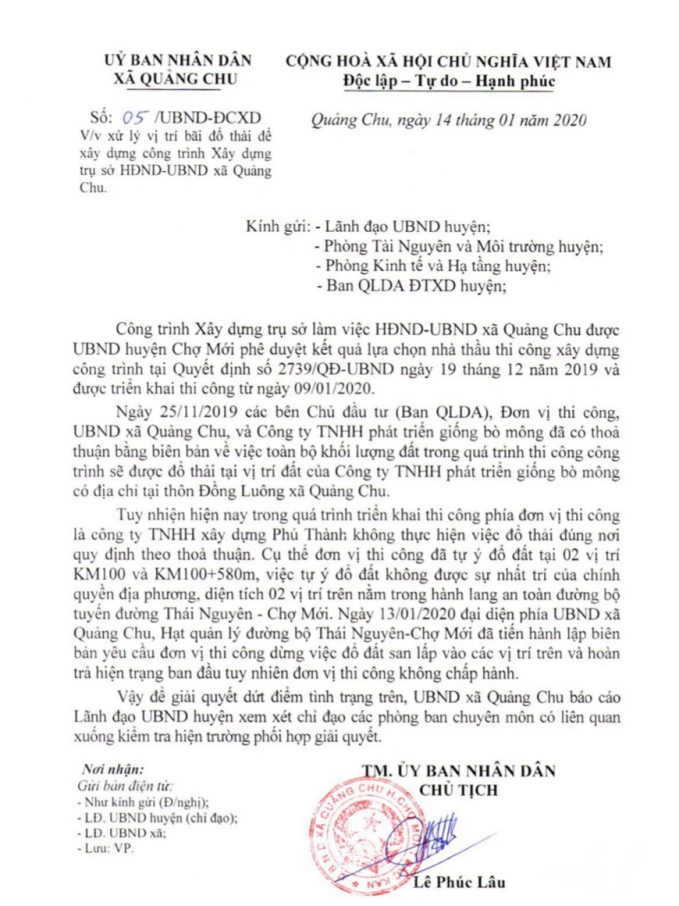 Văn bản của UBND xã Quảng Chu báo cáo về vấn đề sai phạm của Công ty TNHH Xây dựng Phú Thành gửi cơ quan cấp trên từ ngày 14/1.