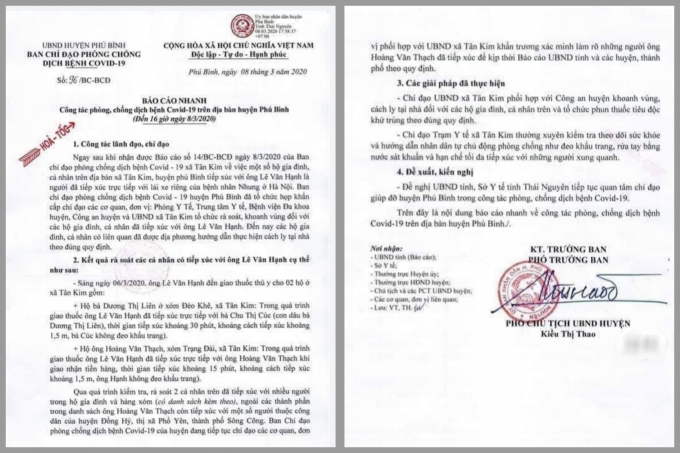 Văn bản báo cáo của huyện Phú Bình về việc thực hiện cách ly các cá nhân và gia đình ông Lê Văn Hạnh -người tiếp xúc trực tiếp với lái xe riêng của 