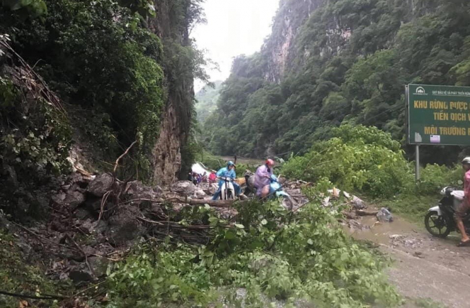 Mưa lớn làm sạt lở taluy dương tuyến đường từ thị trấn Pác Mjầu đi một số xã của huyện Bảo Lâm. Ảnh: Kông Hải.