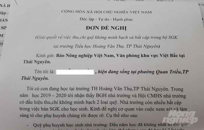 Đơn khiếu nại của phụ huynh gửi Báo NNVN. Ảnh: Toán Nguyễn.