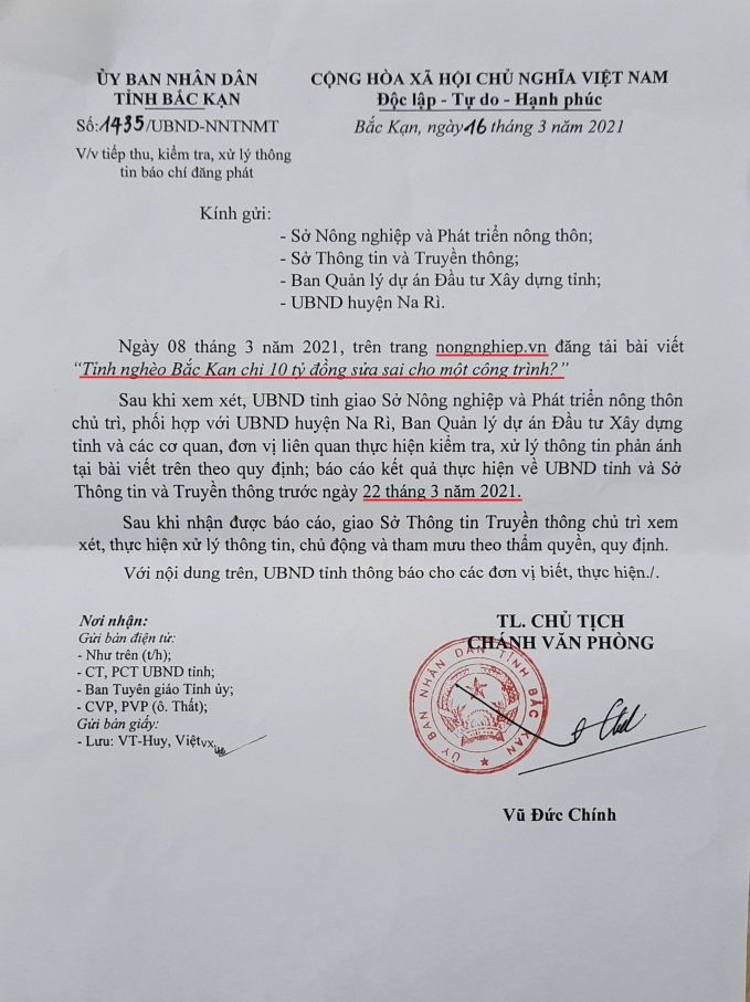 Chủ tịch UBND tỉnh Bắc Kạn chỉ đạo làm rõ công trình hồ Mạy Đẩy. Ảnh: Văn Nguyễn.