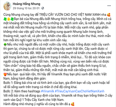'Hot mom' Hồng Nhung bày tỏ trên trang cá nhân về chiến dịch của Quỹ 1 Triệu Cây Xanh cho Việt Nam'. Ảnh: Dũng Thanh.