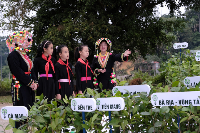 Các em học sinh cùng tìm hiểu về hành trình 9 năm của Quỹ 1 triệu cây xanh cho Việt Nam tại khu vực bản đồ bằng cây xanh. Ảnh: Xuân Hương.