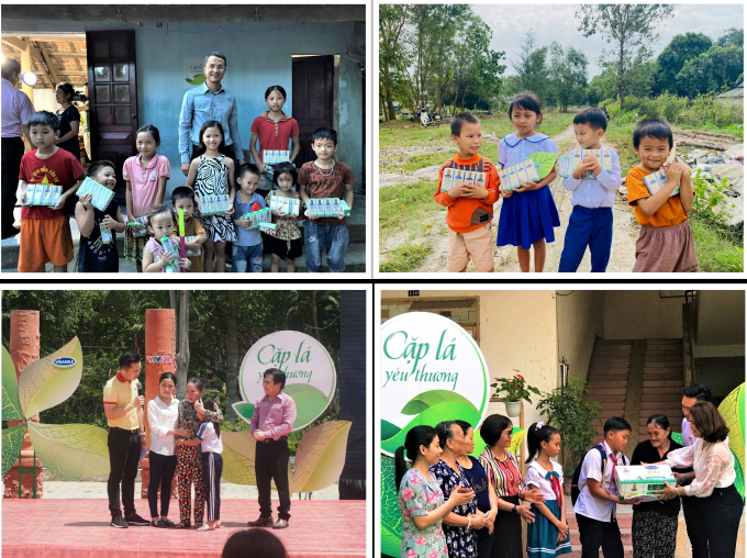 Các bạn nhỏ tại Nghệ An, Quảng Trị, Vĩnh Long và Đà Nẵng nhận hỗ trợ từ Vinamilk và chương trình 'Cặp lá yêu thương' trong những năm trước. Ảnh: Đỗ Hưng.