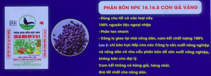 Nhãn hàng giới thiệu về Phân bón Con Gà Vàng 16-16-8. Ảnh: Đức Trung.