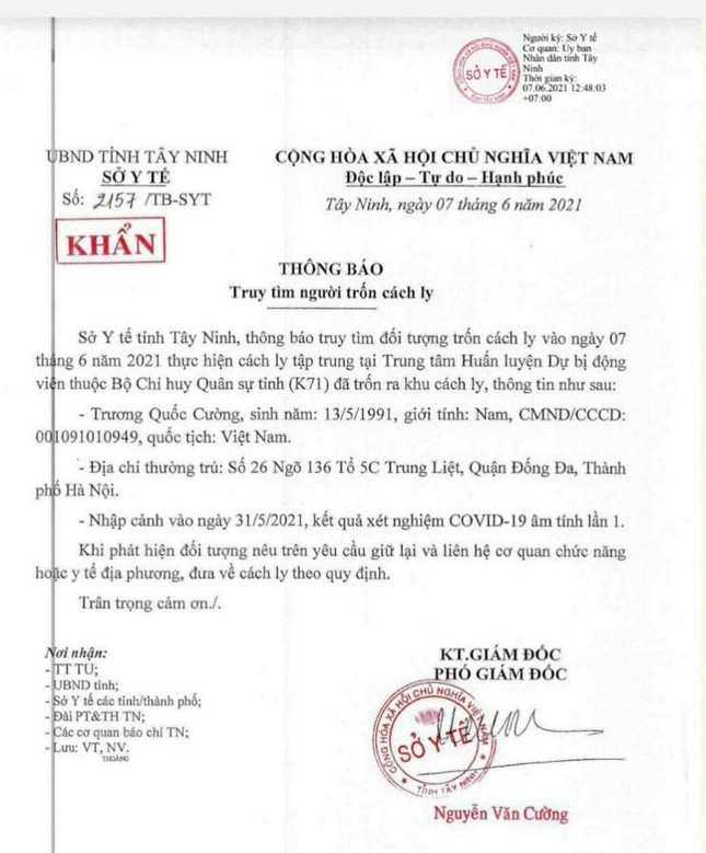 Thông báo khẩn của Sở Y tế Tây Ninh