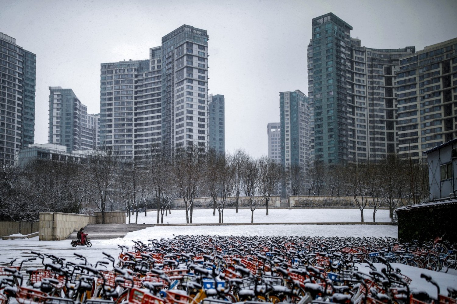 Những chiếc xe đạp phủ tuyết sau nhiều ngày không có người sử dụng trên đường phố Bắc Kinh. Người dân Trung Quốc hiện nay rất hạn chế ra đường, nếu có việc phải ra ngoài thì luôn chuẩn bị kỹ càng các biện pháp phòng hộ.