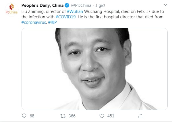 Dòng Tweet chia sẻ về cái chết của bác sỹ Li trên tài khoản Twitter của Nhân dân nhật báo trước khi bị xóa.
