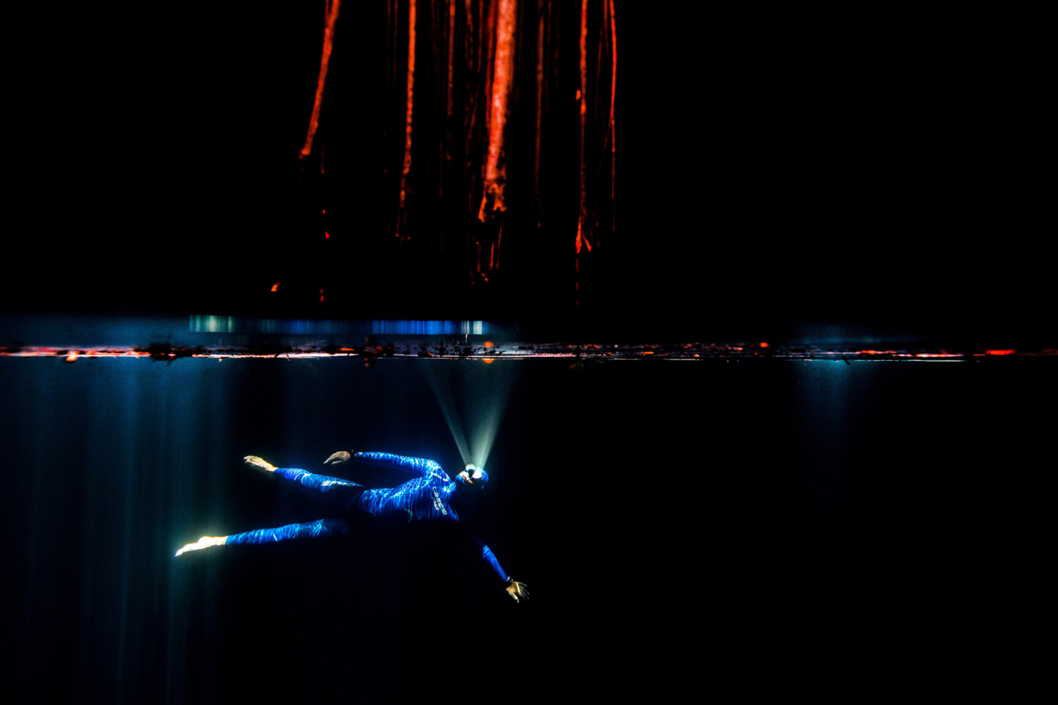 Một bức ảnh Néry lặn dưới hang động ngầm ở bang Yucatan, Mexico, những vệt đỏ phía trên là các rễ cây đâm xuống nước để lấy dinh dưỡng.