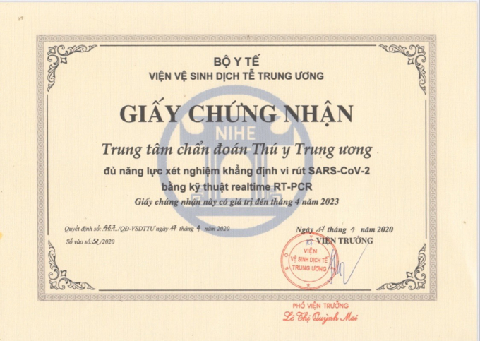 Giấy chứng nhận xét nghiệm khẳng định SARS-CoV-2 của Trung tâm chẩn đoán Thú y trung ương. Ảnh: Cục Thú y.