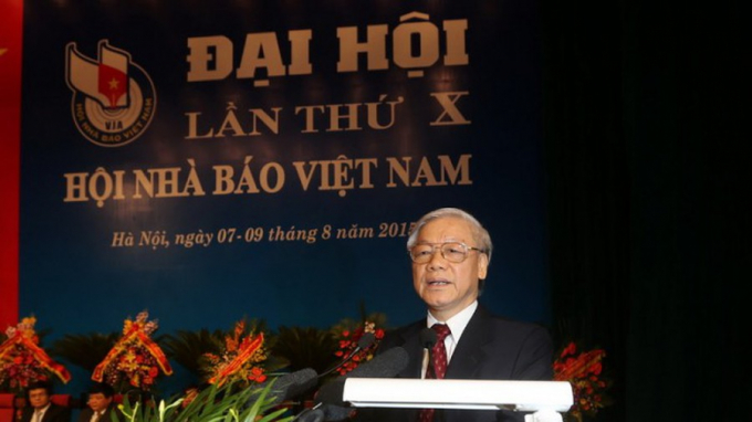Tổng Bí thư Nguyễn Phú Trọng dự và phát biểu tại Đại hội đại biểu toàn quốc lần thứ X Hội Nhà báo Việt Nam năm 2015. Ảnh: TTXVN.