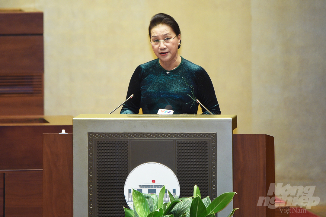 Chủ tịch Quốc hội Nguyễn Thị Kim Ngân phát biểu tại buổi gặp mặt. Ảnh: Tùng Đinh.