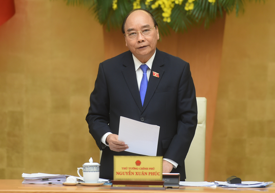 Thủ tướng Nguyễn Xuân Phúc phát biểu khai mạc phiên họp Chính phủ thường kỳ tháng 3/2021. Ảnh: VGP.