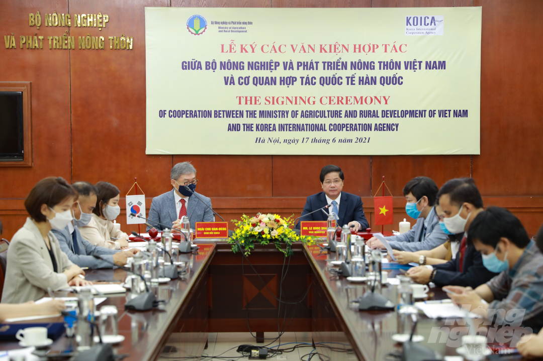 Lễ ký các văn kiện hợp tác nông nghiệp Việt Nam - Hàn Quốc giữa Bộ NN-PTNT và Cơ quan hợp tác quốc tế Hàn Quốc KOICA sáng 17/6. Ảnh: Đức Sinh.