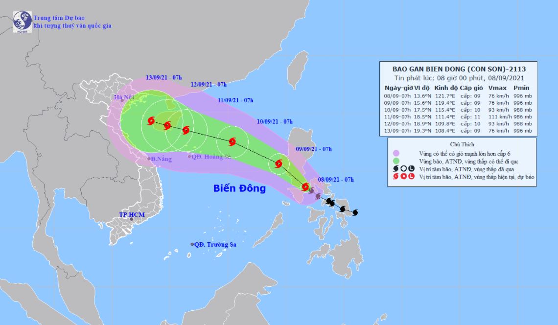 Dự báo đường đi và vùng ảnh hưởng của bão Côn Sơn. Đồ họa: NCHMF.
