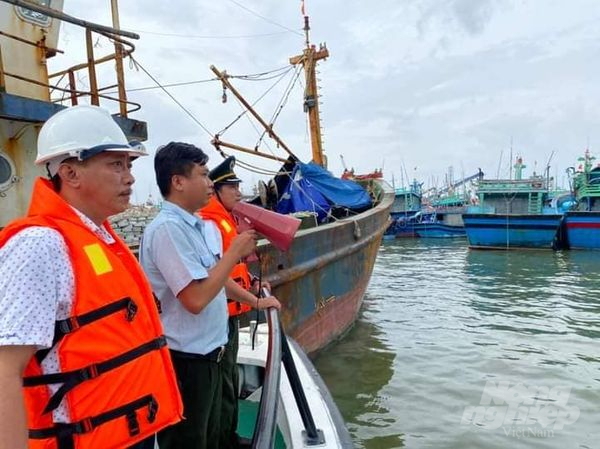 Ông Đào Xuân Thiện, Giám đốc Ban quản lý cảng cá Bình Định (ngoài cùng bìa trái), đang chỉ đạo đưa tàu vào khu neo đậu tại khu vực 2  để ứng phó bão số 10. Ảnh: Vũ Đình Thung.