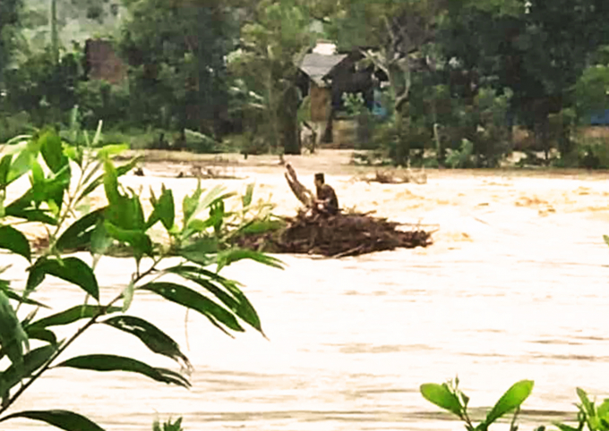 Hình ảnh ông Nguyễn Văn Tự vớ được bụi cây giữa dòng sông cầm cự trong nước lũ chảy xiết cho đến sáng. Ảnh: Người dân cung cấp.