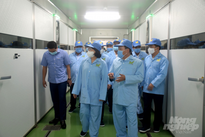 Phó Chủ tịch nước Đặng Thị Ngọc Thịnh thăm nhà máy sản xuất gà ta giống của Công ty TNHH Giống gia cầm Minh Dư. Ảnh: Vũ Đình Thung.