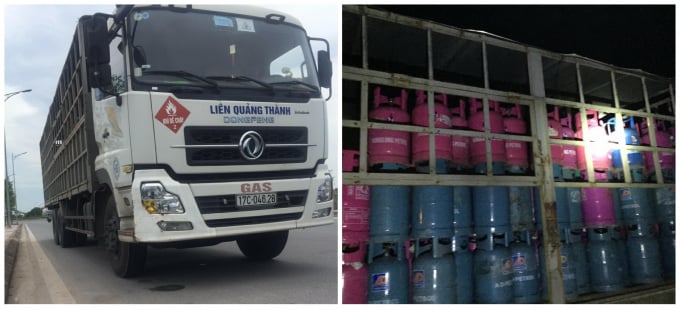 Xe tải của Cty Liên Quảng Thành chở vỏ bình gas của Cty Hưng Long mang đi tiêu thụ. Ảnh: Văn Long.