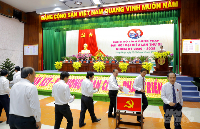 Bỏ phiếu bầu 50 người vào Ban chấp hành Đảng bộ tỉnh Đồng Tháp. Ảnh: Lê Hoàng Vũ.