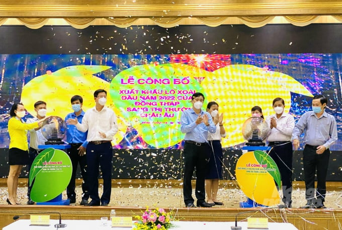 The Ministry of Industry and Trade and leaders of Dong Thap People's Committee performed the ceremony to announce the export of the first batch of mangoes in 2022 to the European market. Photo: Le Hoang Vu.