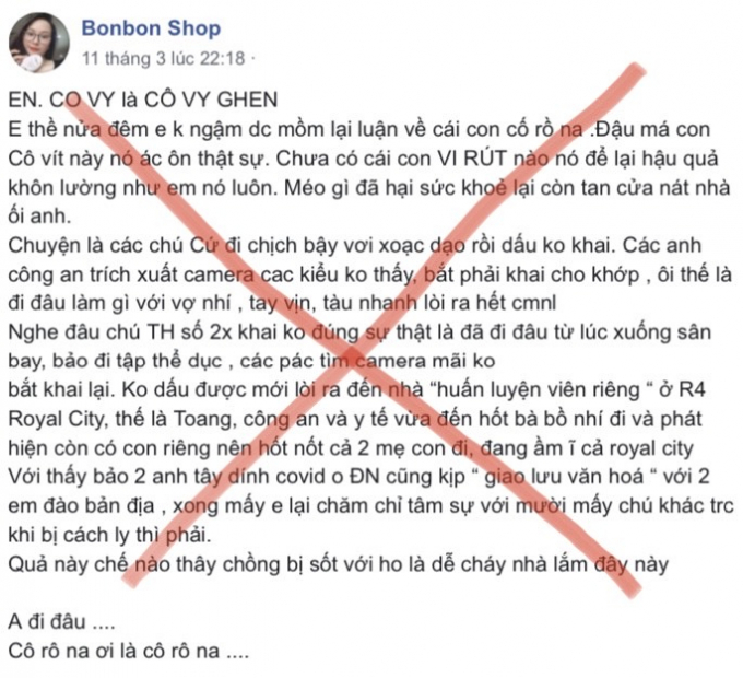 covid-231641_42.jpg Hình ảnh Facebook của đối tượng Nguyễn Thị Vân đưa thông tin xuyên tạc, bịa đặt trên mạng xã hội. Ảnh: BCA.