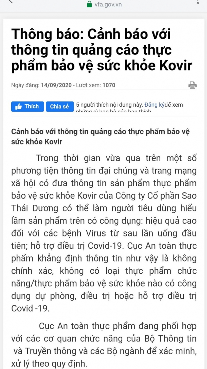 sao-thai-duong-144734_0.jpg Cục An toàn thực phẩm, Bộ Y tế cảnh báo sản phẩm Kovir của Công ty Cổ phần Sao Thái Dương có thể làm người tiêu dùng hiểu lầm. Ảnh: Cục An toàn thực phẩm.