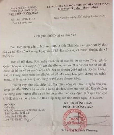 img_6623-173622_882.jpg Ban tiếp công dân tỉnh Thái Nguyên đã chuyển kiến nghị của nhân dân xóm Coong Lẹng về thị xã Phổ Yên giải quyết theo thẩm quyền.