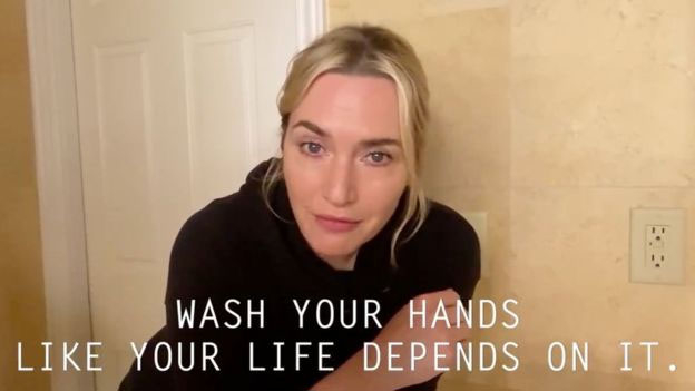 Kate Winslet là một trong năm thành viên đoàn phim Contagion tự làm video đưa ra lời khuyên phòng chống Covid-19. Ảnh: Columbia Public Health.