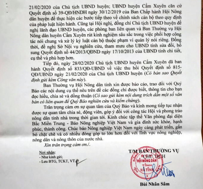 1-0759_20200415_650.jpg Văn bản trả lời báo Nông nghiệp Việt Nam của Chủ tịch Hội Nông dân tỉnh Hà Tĩnh. Ảnh: Văn Hùng.