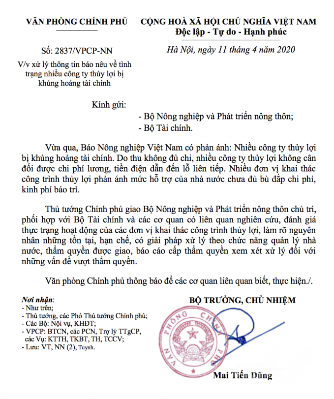 watermark_anh-chup-man-hinh-2020-04-20-luc-082357-0907_20200420_460.jpeg Văn bản số 2837 truyền đạt ý kiến chỉ đạo của Thủ tướng Chính phủ liên quan đến việc nhiều công ty thủy lợi bị khủng hoảng tài chính như Báo Nông nghiệp Việt Nam nêu. Ảnh: Minh Phúc.