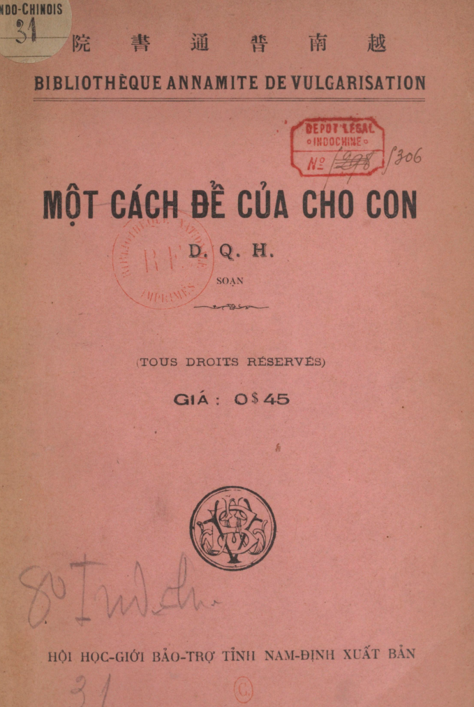 13055818mot_cach_de_cua_cho_co-130558.png Ảnh bìa cuốn sách 'Một cách để của cho con' do Dương Quảng Hàm biên soạn năm 1926.