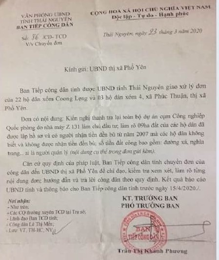 img_6623-173622_882.jpg Ban tiếp công dân tỉnh Thái Nguyên đã chuyển kiến nghị của nhân dân xóm Coong Lẹng về thị xã Phổ Yên giải quyết theo thẩm quyền.