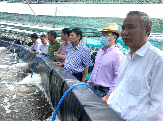 Thứ trưởng Bộ NN-PTNT Phùng Đức Tiến tham quan trại nuôi tôm công nghệ cao ở Sóc Trăng. Ảnh: HĐ.