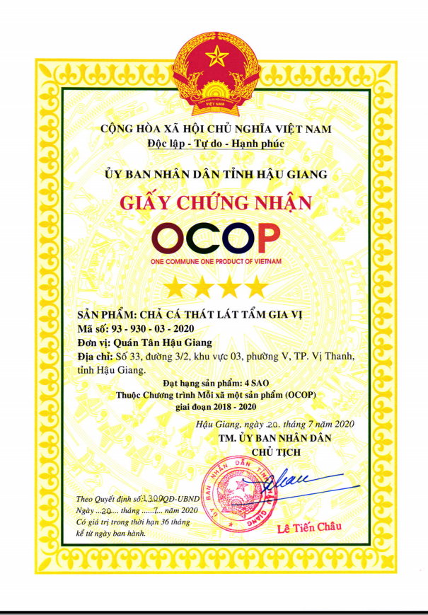 3giay-chung-nhan-cha-ca-that-lat-tam-gia-vi-san-pham-ocop-dat-4-sao-0806_20201102_985.jpeg Giấy chứng nhận chả cá thát lát tẩm gia vị sản phẩm OCOP đạt 4 sao. Ảnh: Trọng Linh.