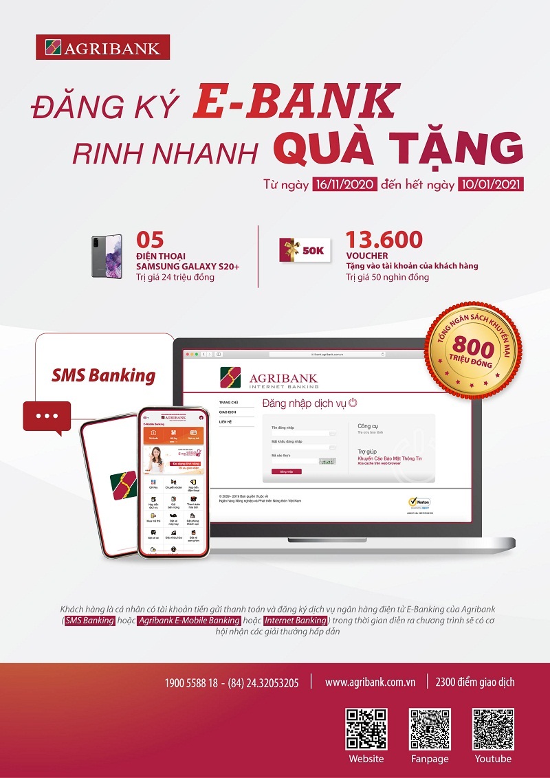 poster-1853_20201116_198.jpg Quý khách hàng hãy Mở tài khoản – Đăng ký E-Banking của Agribank ngay hôm nay để được trải nghiệm các tiện ích ngân hàng điện tử và nhận các giải thưởng hấp dẫn.
