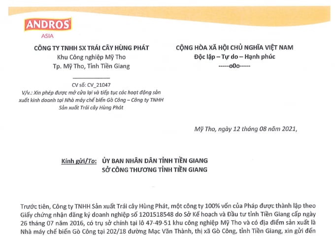 anh-chup-man-hinh-2021-08-16-luc-142920-1445_20210816_105.jpeg Công ty Hùng Phát gửi văn bản đến UBND tỉnh Tiền Giang mong muốn được hoạt động trở lại. Ảnh chụp màn hình văn bản số Công văn 21047 của Công ty Hùng Phát.