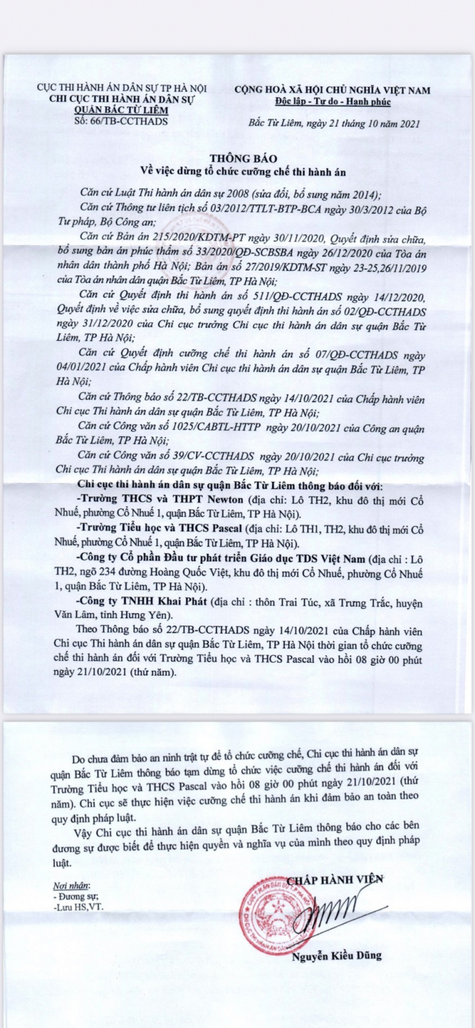 Thông báo dừng cưỡng chế thi hành án của Chi cục THADS quận Bắc Từ Liêm.