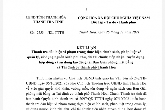 Kết luận của Thanh tra tỉnh Thanh Hóa chỉ ra hàng loạt vi phạm, sai phạm trong thu chi của Ban Giải phóng mặt bằng và Tái định cư thành phố Thanh Hóa. Ảnh: VD.