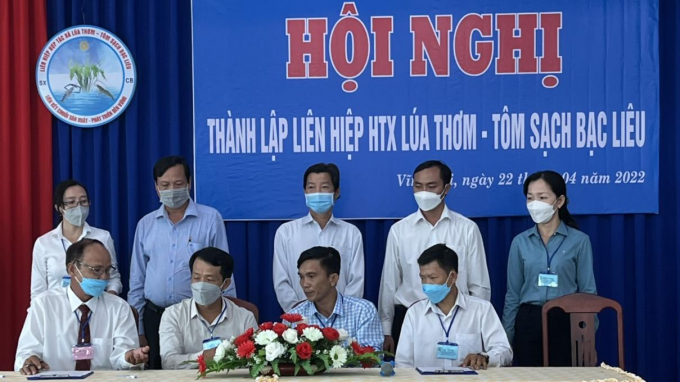 Đại diện các doanh nghiệp, HTX ký kết hợp tác cung ứng các sản phẩm, dịch vụ đầu vào cho các HTX thuộc Liên hiệp HTX Lúa thơm – Tôm sạch Bạc Liêu. Ảnh: Trọng Linh.