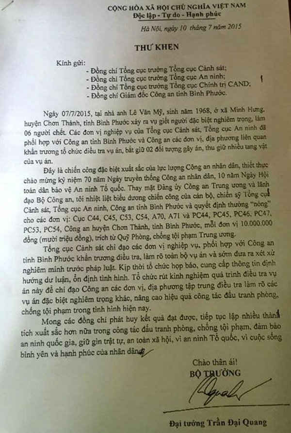 Phá án nhanh chóng, Ban chuyên án đã được Đại tướng, Ủy viên Bộ Chính trị, Bộ trưởng Bộ Công an Trần Đại Quang gửi thư khen.