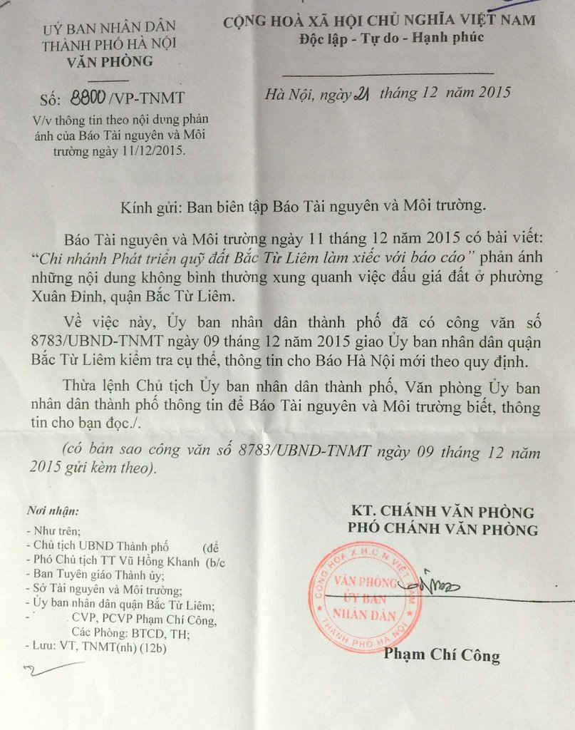 Công văn của UBND TP. Hà Nội yêu cầu UBND quận Bắc Từ Liêm kiểm tra và trả lời vấn đề báo TN&MT.