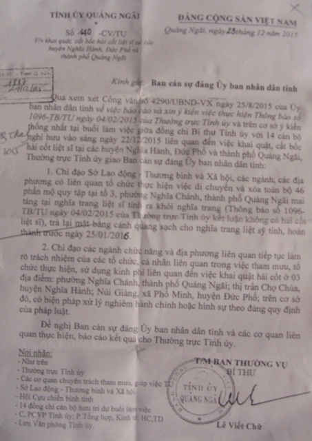 CV số 140-CV/TU ngày 23/12/2015 của Thường trực Tỉnh uỷ yêu cầu di chuyển và xoá toàn bộ 46 phần mộ LS giả quy tập tại nghĩa trang LS tỉnh trước ngày 25/1/2016