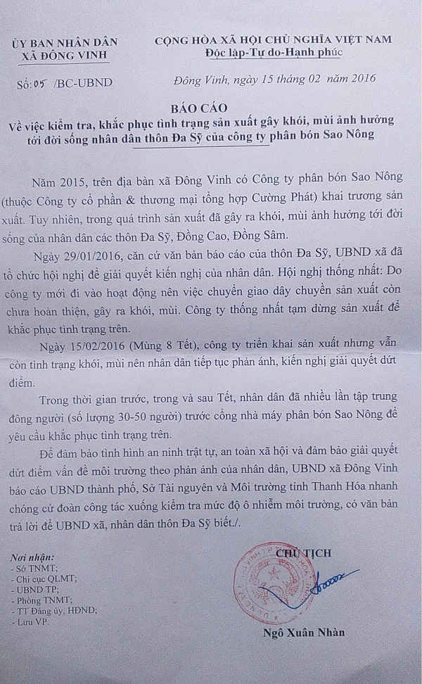 Báo cáo số 05/BC-UBND, ngày 15/2/2016 của UBND xã Đông Vinh