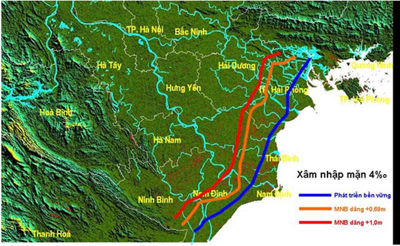giơí hạn xâm nhập mặn 4%o tương ứng với các kịch bản khác nhau của nước biển dâng