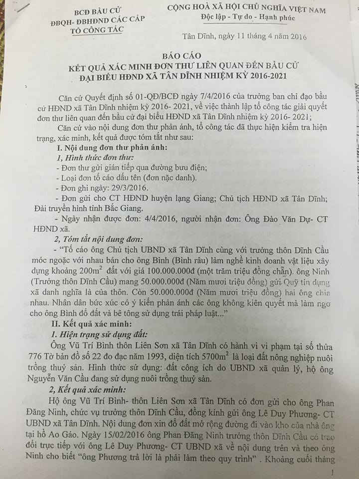 Kết quả xác minh của tố công tác xã Tân Dĩnh