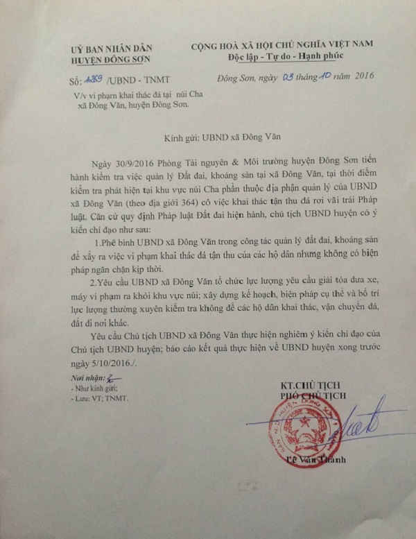 Văn bản phê bình UBND xã Đông Văn vì để “đá tặc” lộng hành